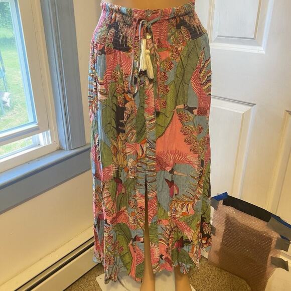 Y2K Tiered Peasant Skirt Maxi Women XS/S PullOn Elastic Boho Beach Tropical Bird - Picture 2 of 10